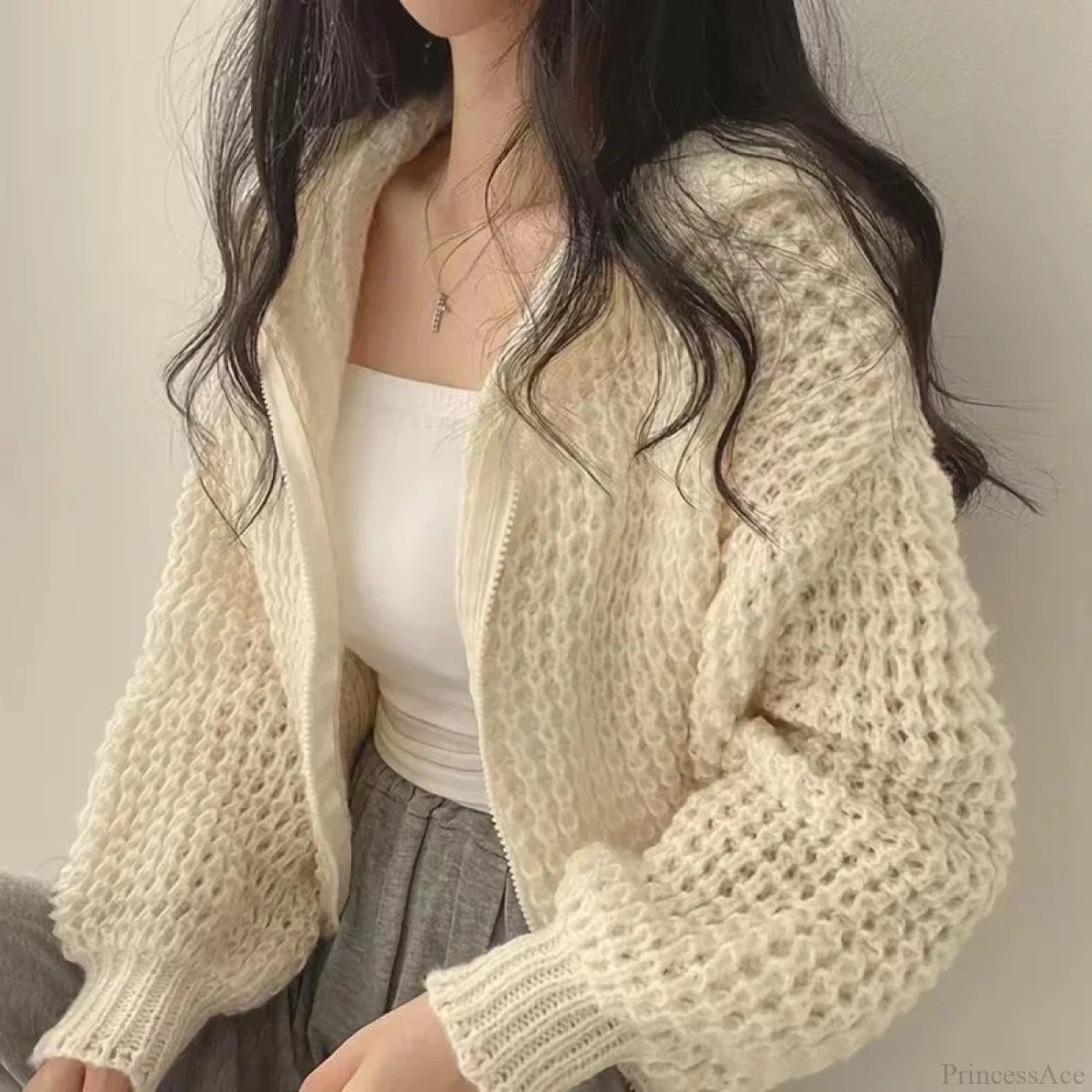 Cropped Hooded Hollow Out Knit Cardigan cardiagn-250126