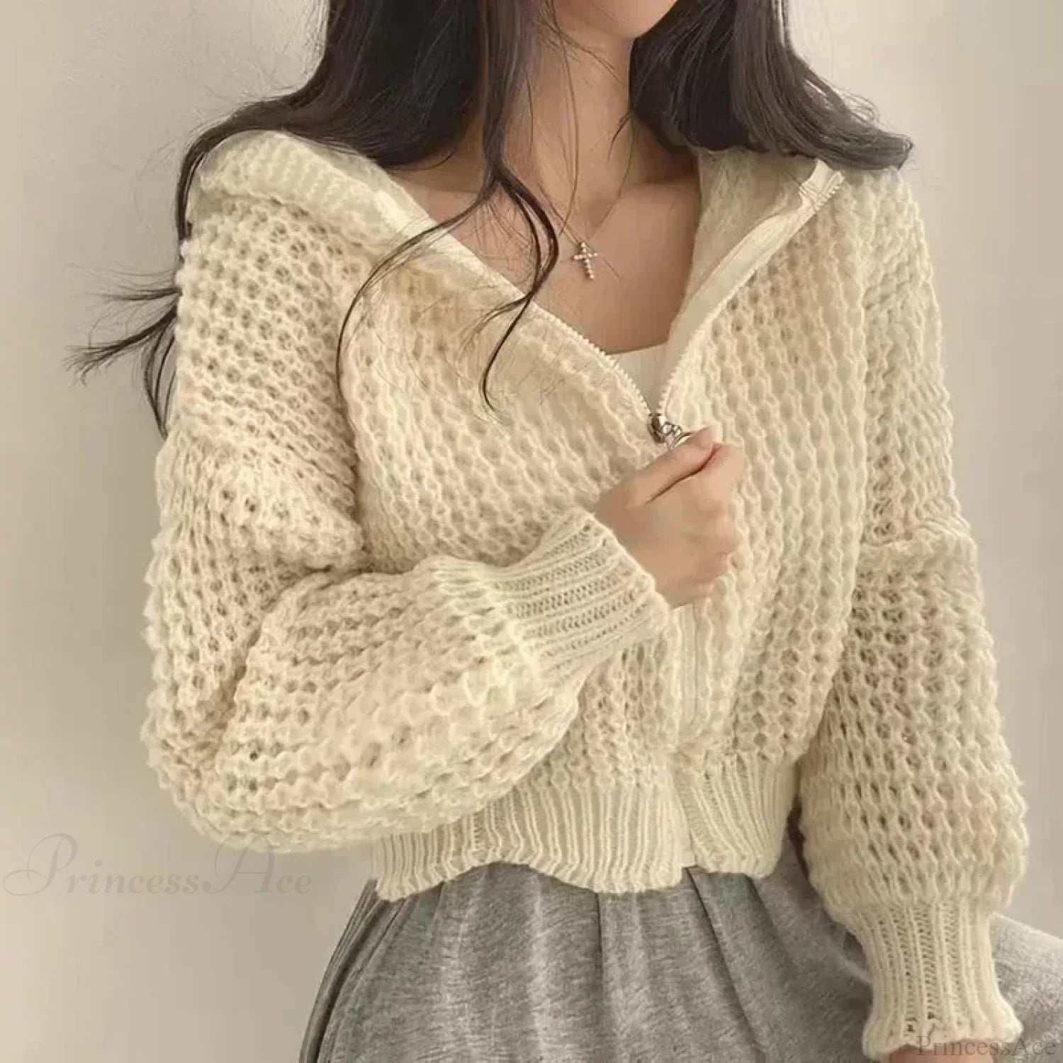 Cropped Hooded Hollow Out Knit Cardigan White / S cardiagn-250126