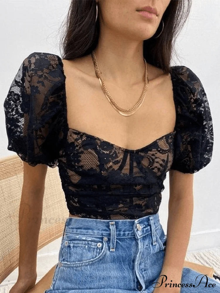 Cropped Lace Edge Trendy Shirred Cami Top Black / S Shirts