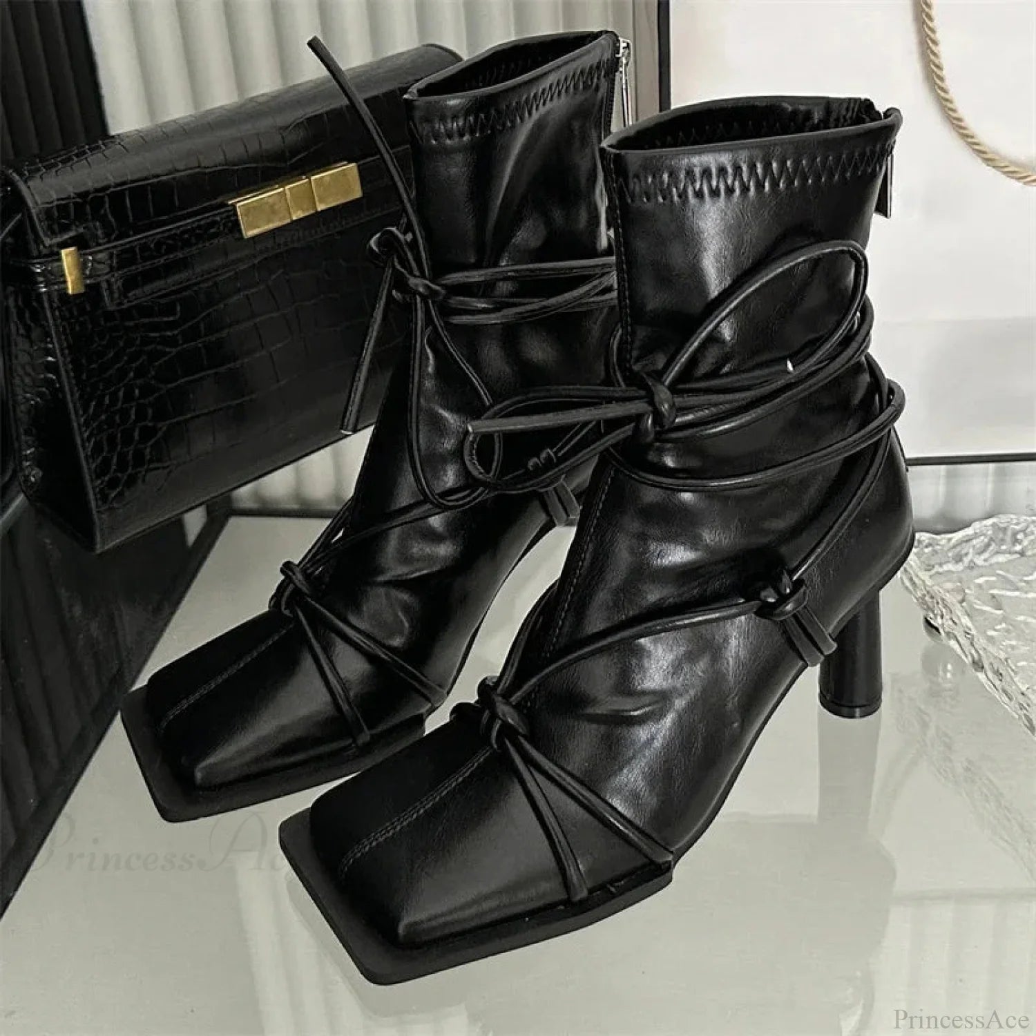 Cross-Band Square Toe Rebel Ankle Boot Black / 35