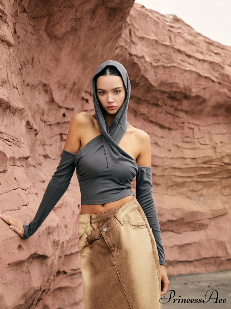 Cross-Over Neck Graceful Hooded Top T-Shirts