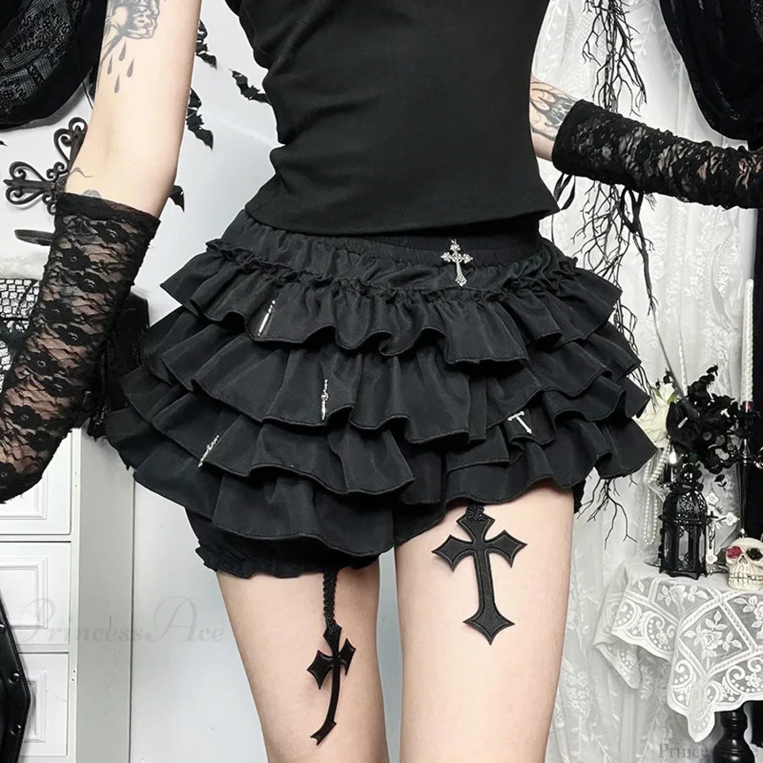 Cross Pendant Culottes Aesthetic Skirt Black / XS