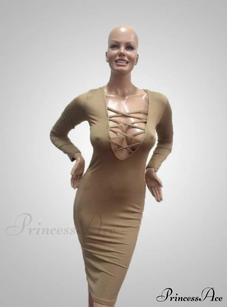 Cross Strap Nightclub Long Sleeve Dress S / Khaki Dresses