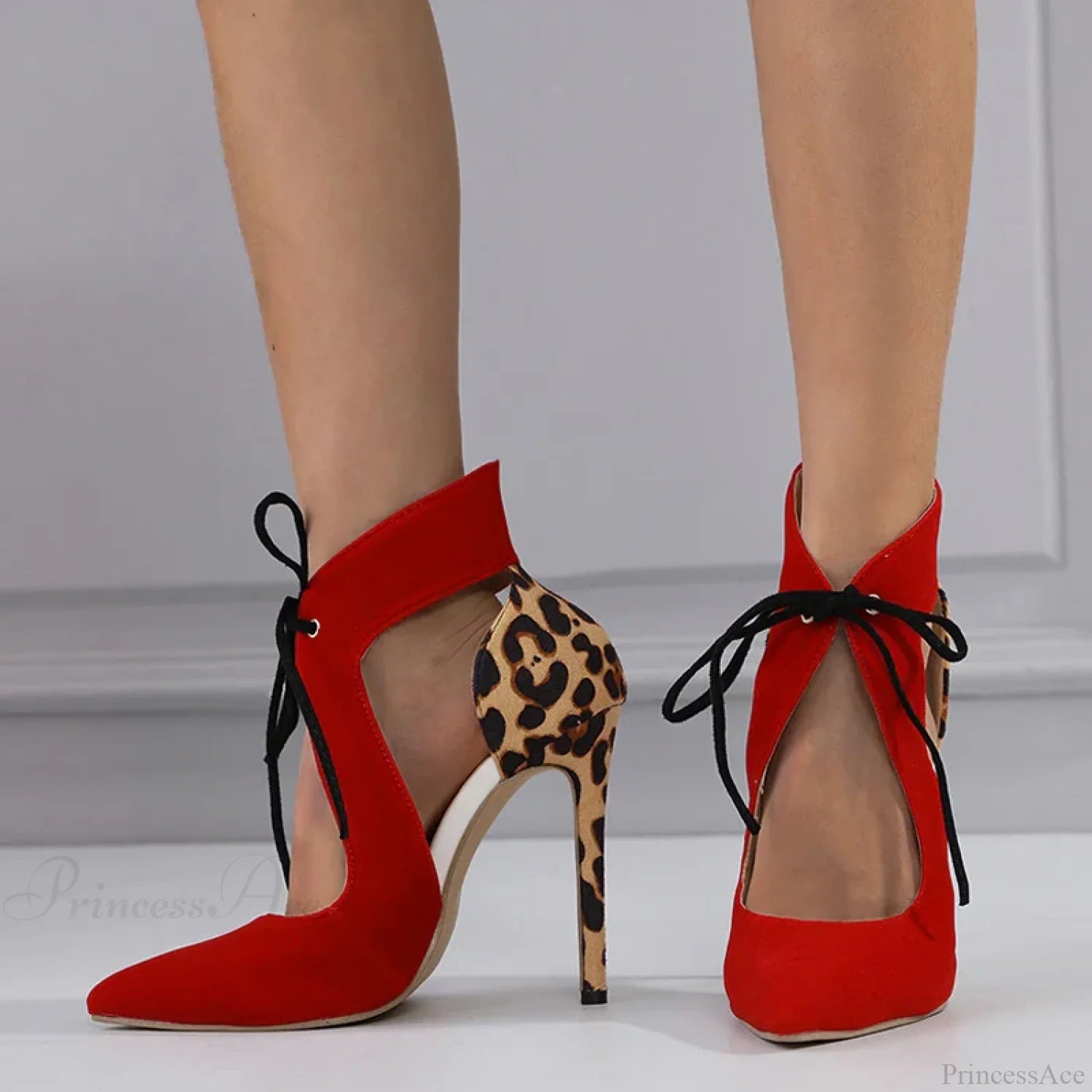 Cross-Tied Sexy Pointed-Toe Leopard-Print Wedding High Heels Stilettofashionable Stripper Heel