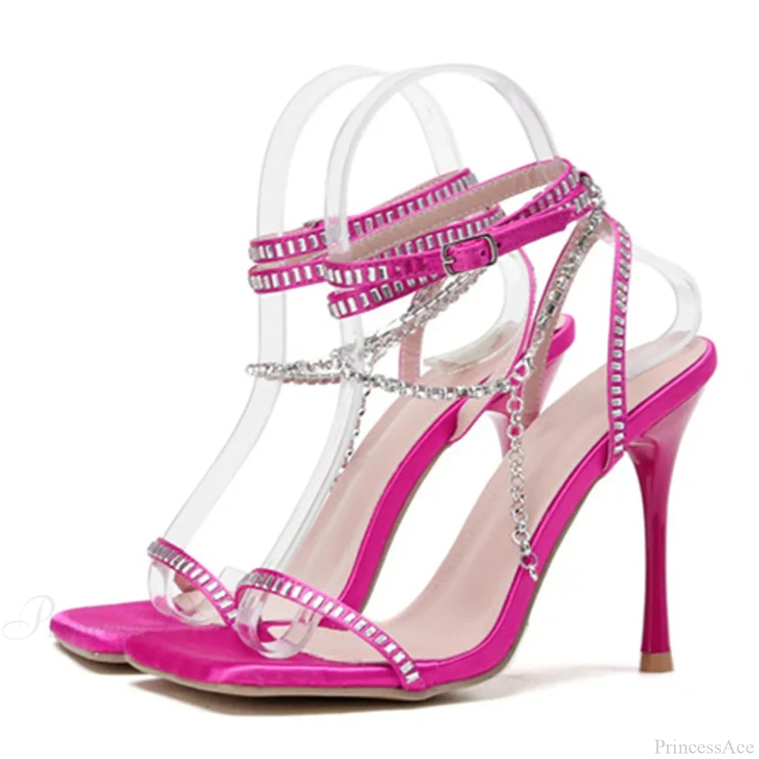 Crystal Chain Ankle-Strap Square-Toe Sexy Party Wedding Rhinestone Summer High Heel