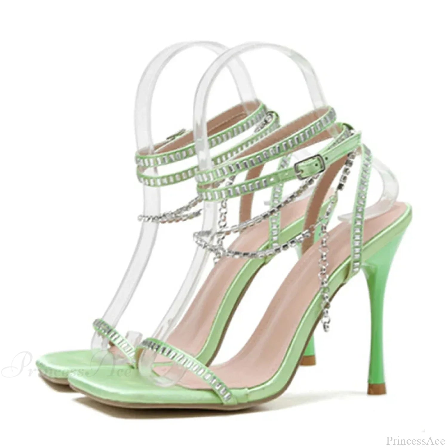 Crystal Chain Ankle-Strap Square-Toe Sexy Party Wedding Rhinestone Summer High Heel