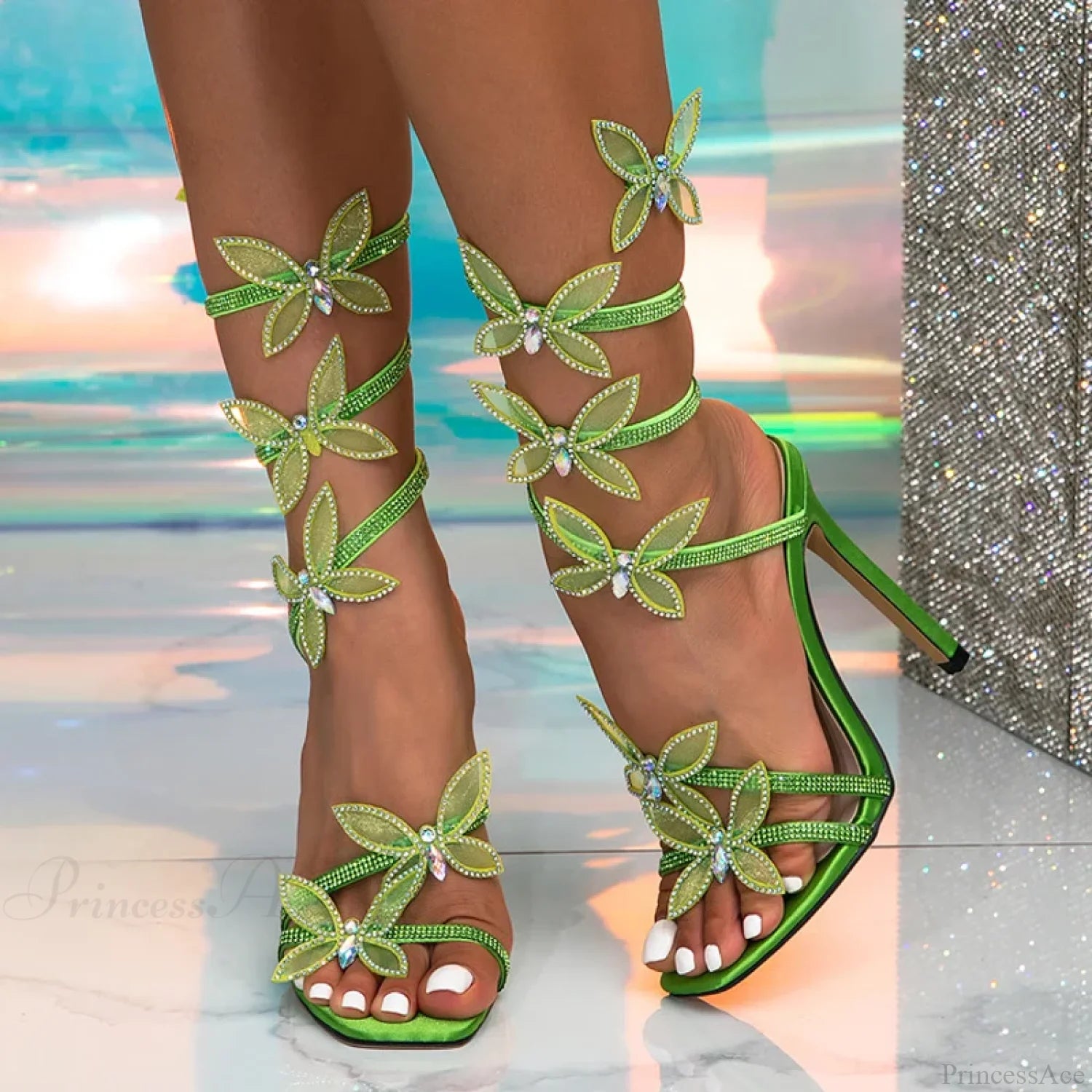 Crystalfashion Elegant Green Square-Toe Wedding Banquet Sexy Butterfly Ankle-Strap Sandals High