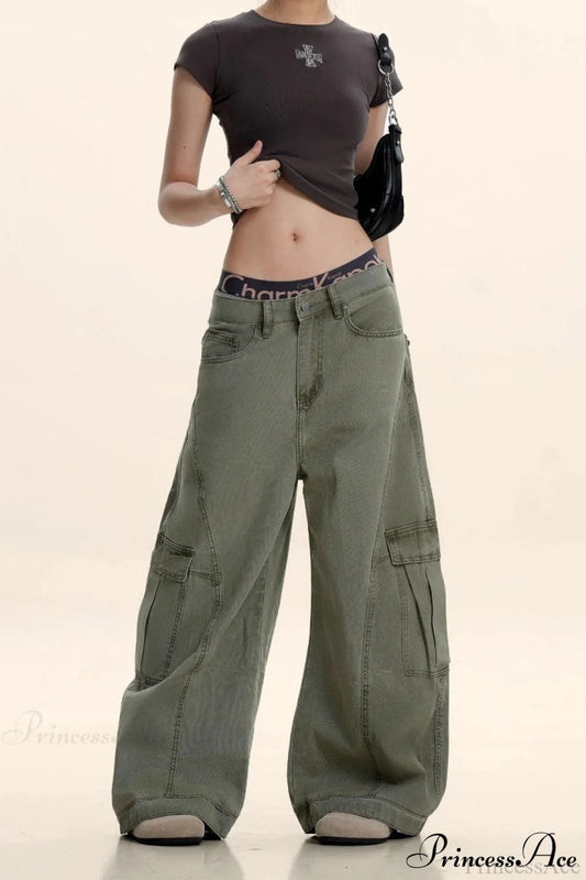 Curved Deconstructed Wide-Leg Cargo Pants Green / S