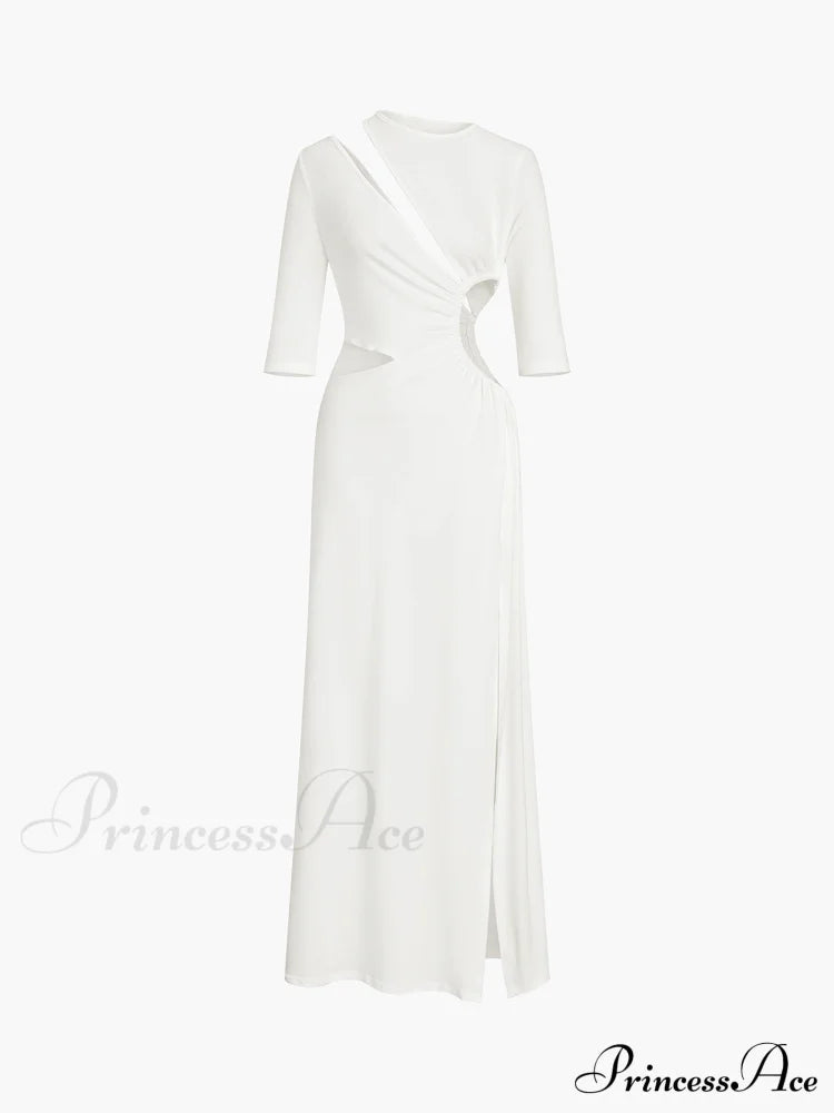 Cut Out Ruched Trendy Split Knit Maxi Dress Dresses