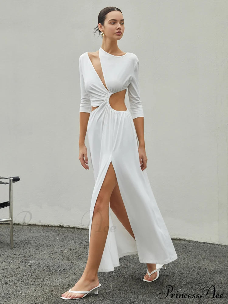 Cut Out Ruched Trendy Split Knit Maxi Dress White / Xs Dresses