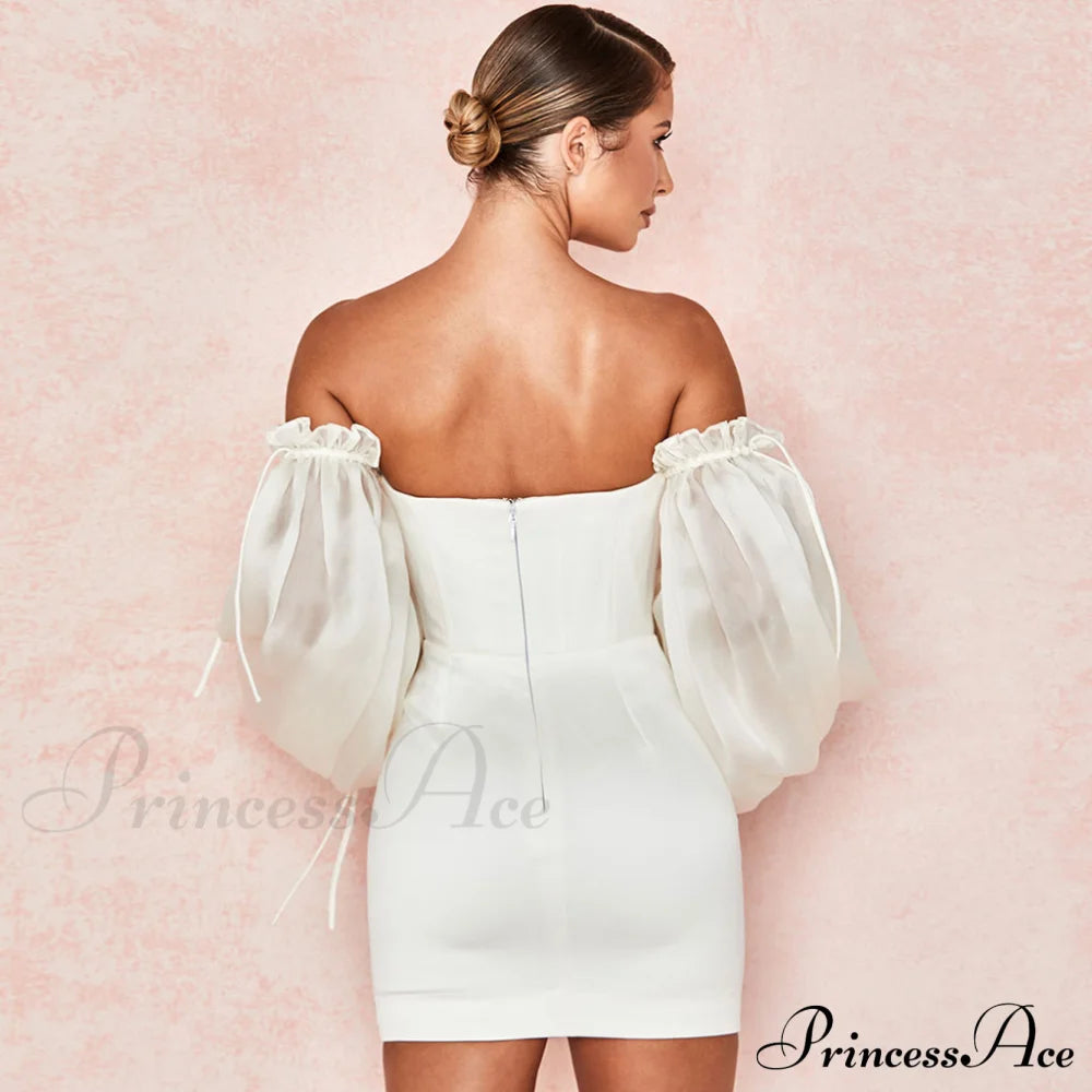 Cute Off Shoulder Puff Sleeve Classic Bodycon Party Mini Dress - Black L / White Dresses-L