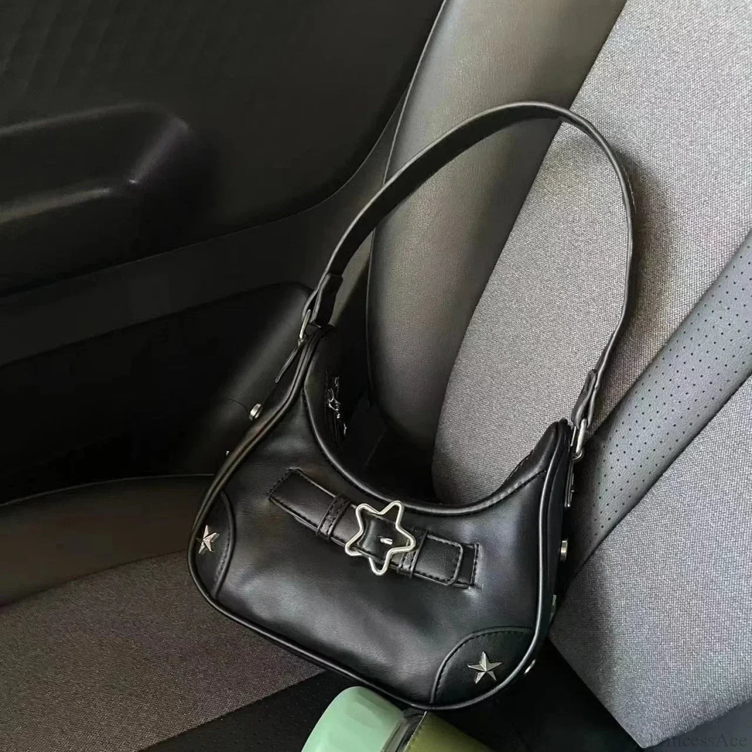 Cute White Star Leather Shoulder Tote Bag Black shoulder-250126