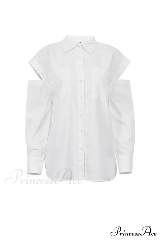 Cutout Long Tops Blouse White With Sleeves Blouses