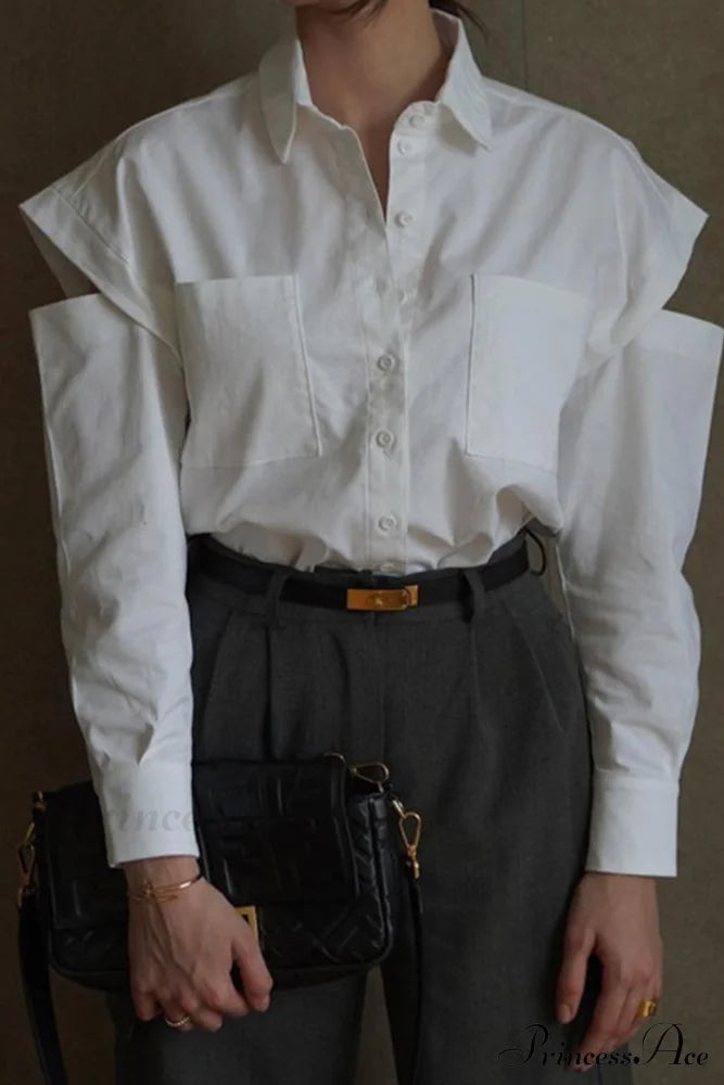 Cutout Long Tops Blouse White With Sleeves Blouses