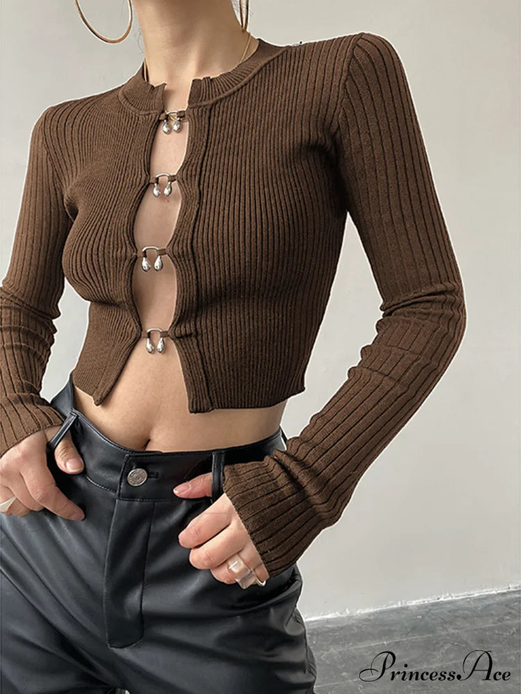 Cutout Split Beads Trendy Detail Ribbed Knit Top Dark Brown / Xs Sweaters-L