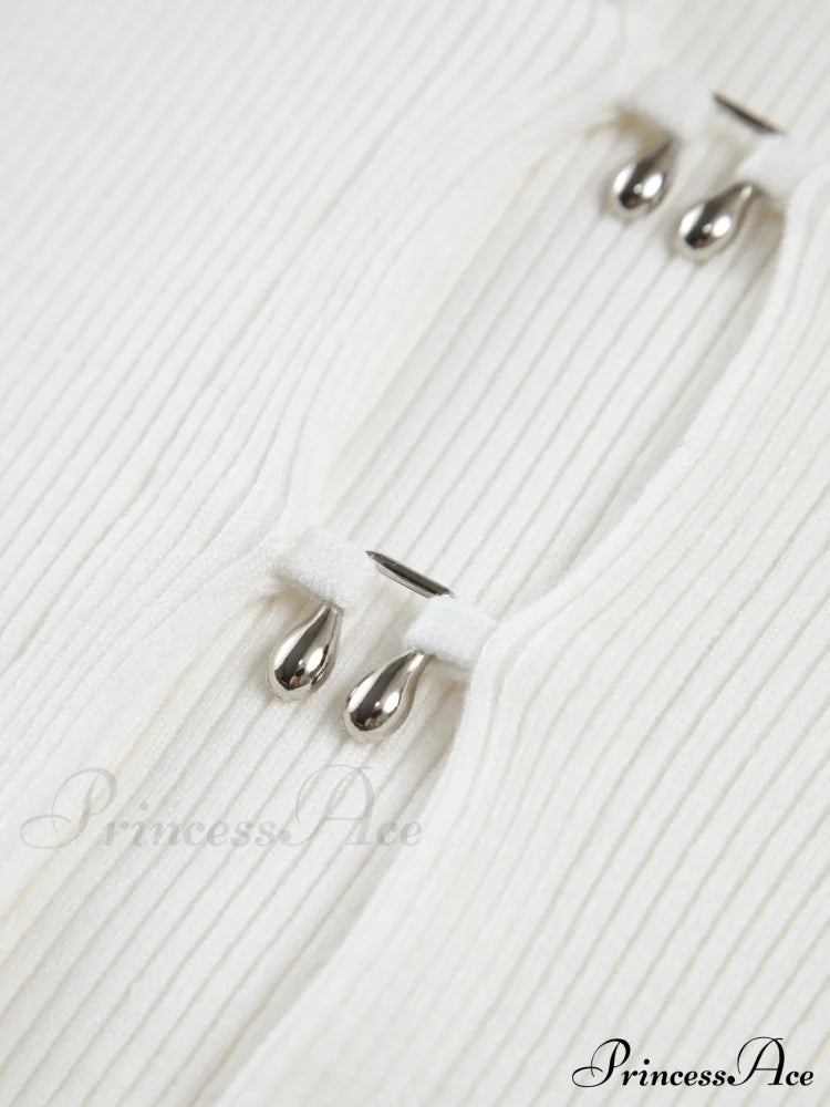 Cutout Split Beads Trendy Detail Ribbed Knit Top Sweaters-L