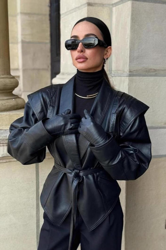 Veste en cuir PU avec ceinture vintage