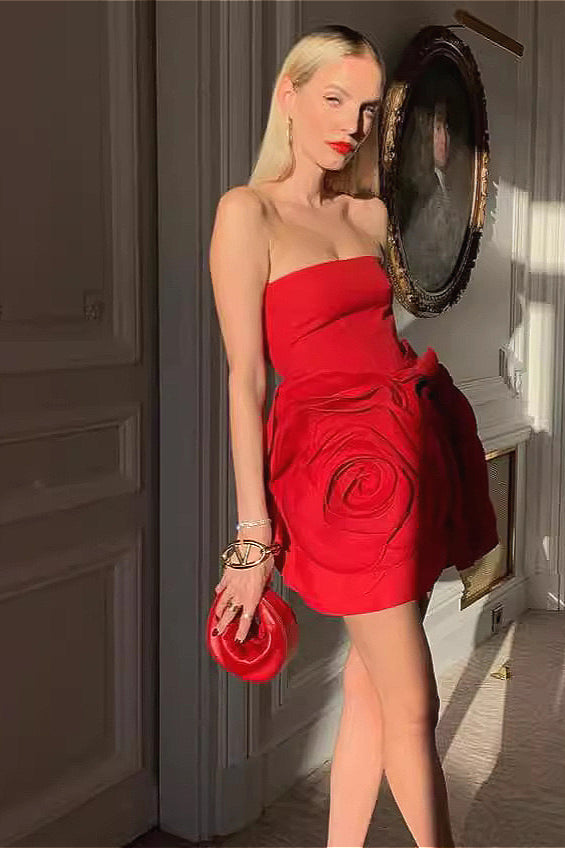 Red Bandage Large Floral Bustier Tight Party Dress