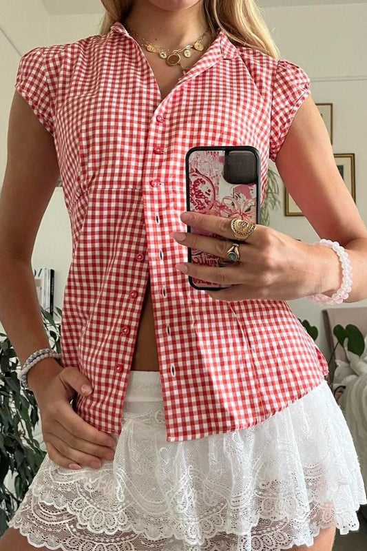 Versatile Red White Plaid Blouse