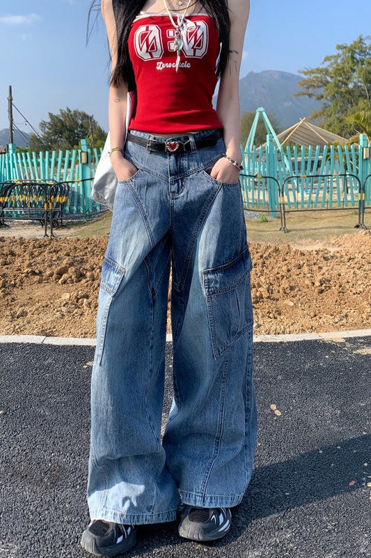 Denim Diagonal Split Wide Leg Cargo Pants Blue / XS