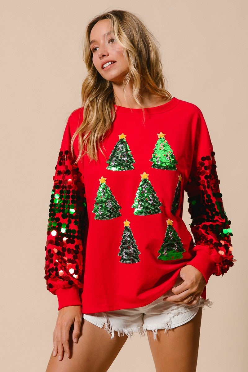 Christmas Sequined Long Sleeve Loose Sweater Red / S
