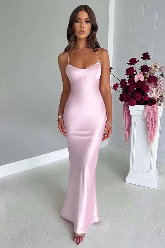 Back Tie Spaghetti Strap Formal Dress S / Pink