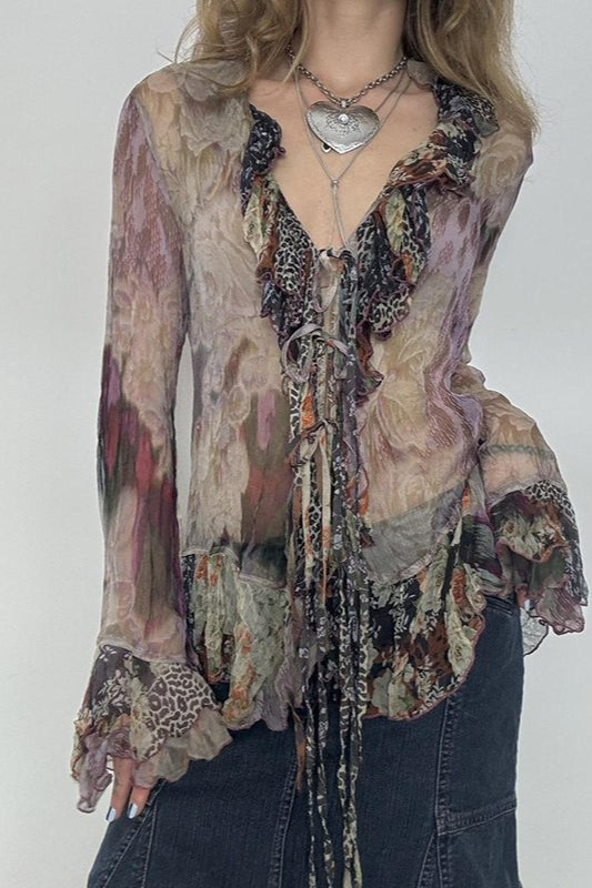 Chemisier à nouer en maille contrastée à imprimé vintage