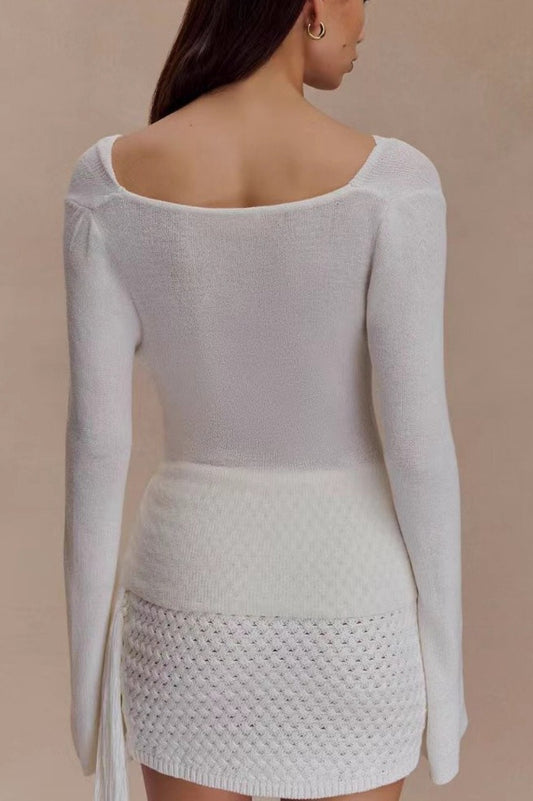 Sexy Slim-Fit Waist-Cinched Lace-Knit U-Neck Sweater
