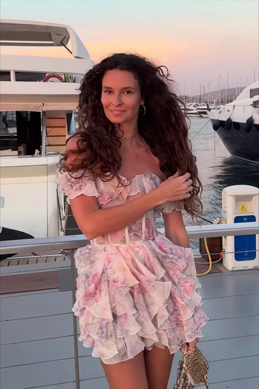 Romantic Organza Floral Print Strapless Mini Dress