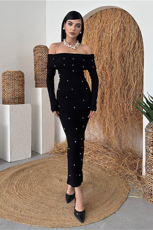 Beaded Off Shoulder Backless Long Party Dress Black / S