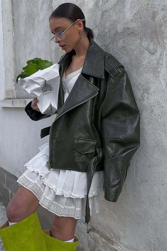 Veste de moto en cuir vert zippée