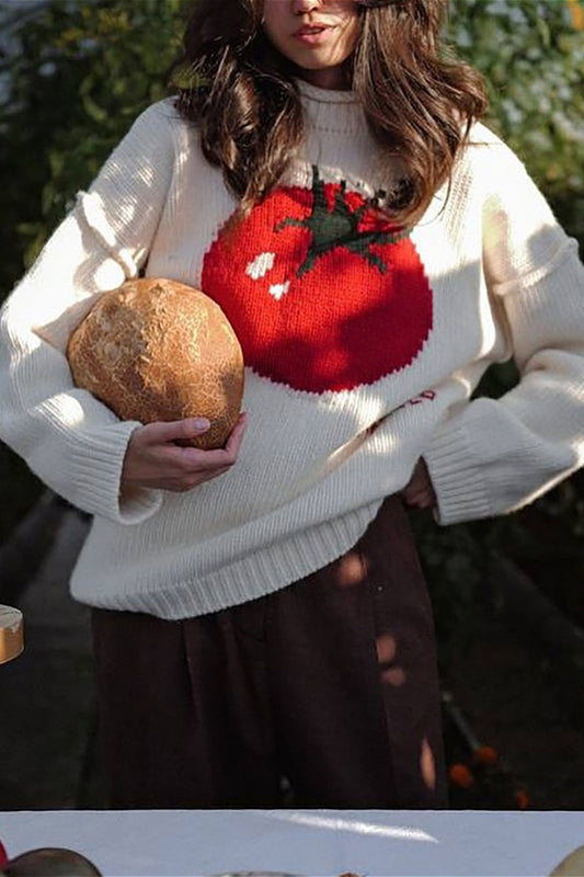 Pull en tricot à motif de tomates brodées