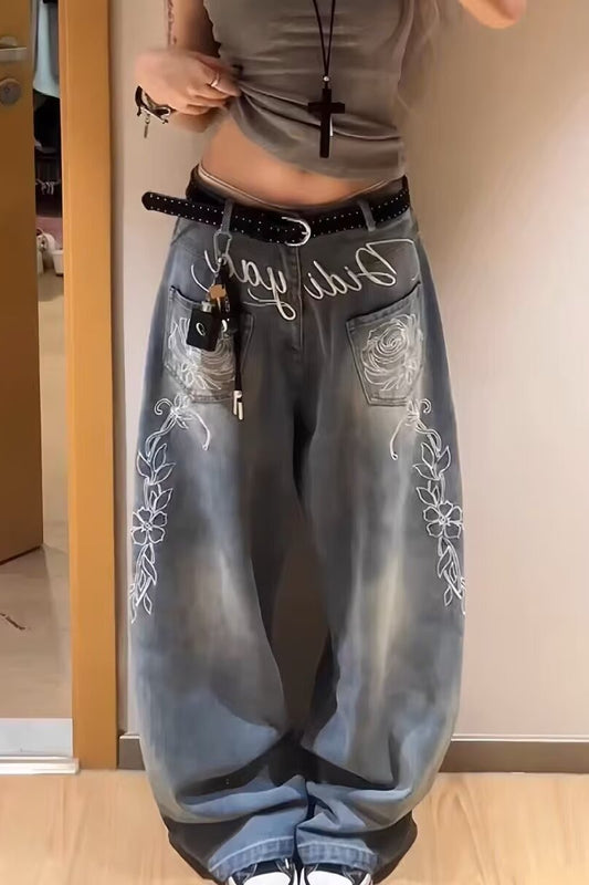 Y2K Floral Letter Embroidery Wide Leg Jeans