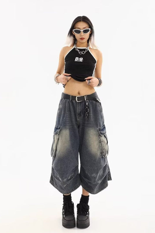 Vintage Washed Workwear Cropped Jeans Blue / S