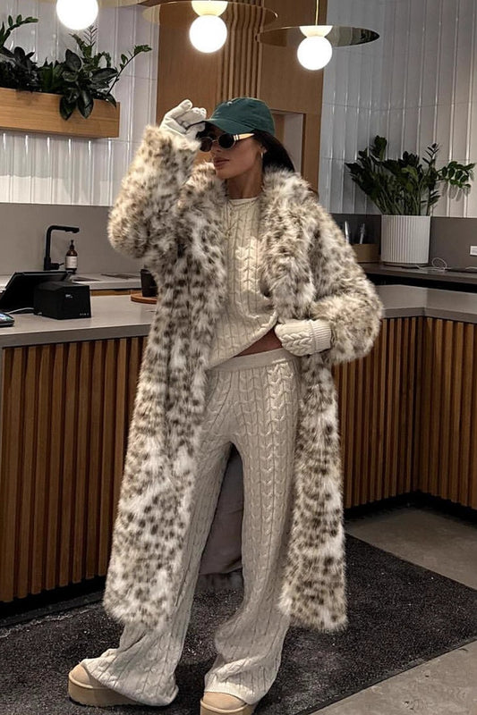 Leopard Print Faux Mink Fur Eco Long Blazer Collar Overcoat