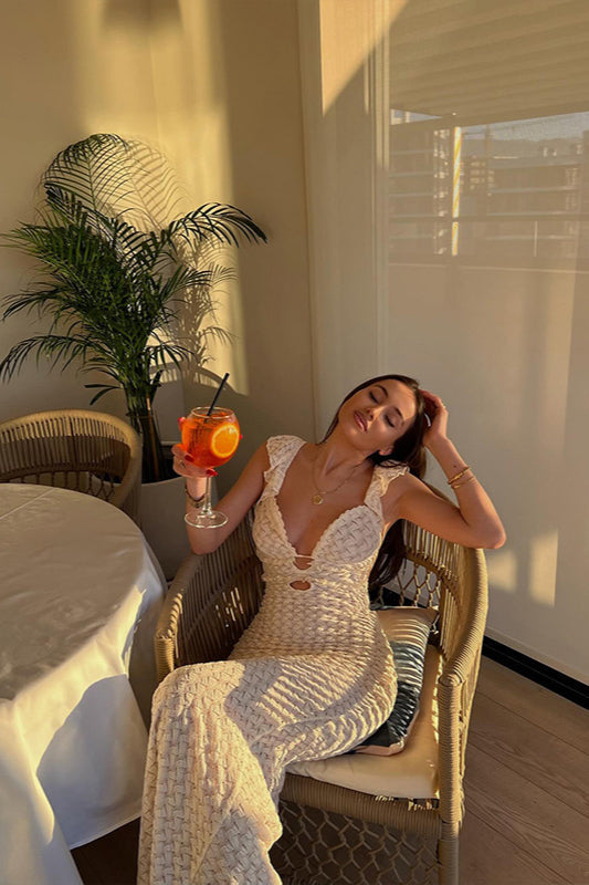 Lace Up V Neck Backless Boho Dress White / S