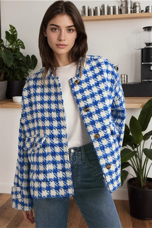 Short Houndstooth Chic Loose Casual Coat