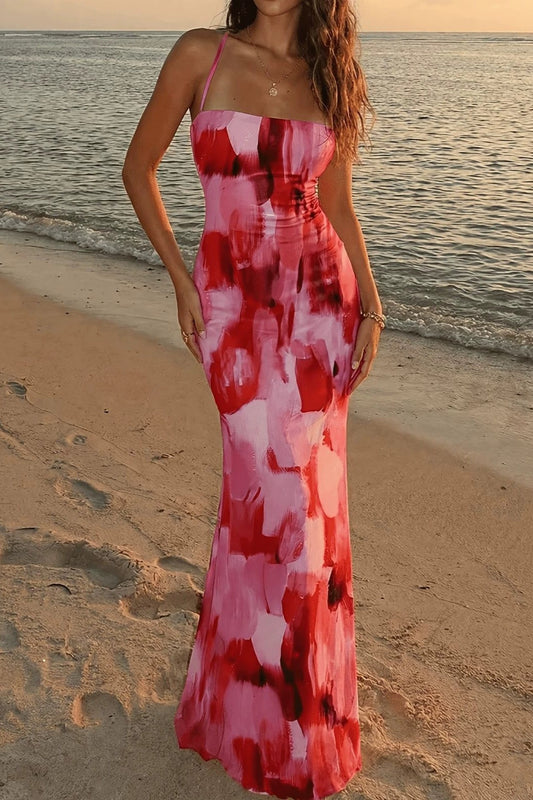 Watercolor Print Lace Up Fishtail Maxi Dress