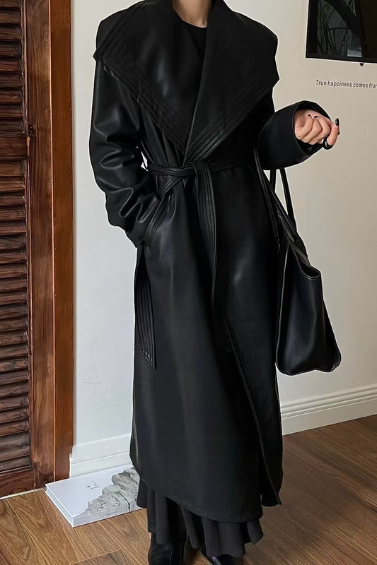 Vintage Broad Lapel Waist-Tied Leather Overcoat Black / M