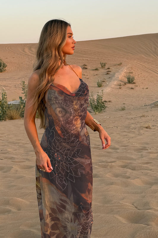 Robe longue dos nu imprimée style vacances