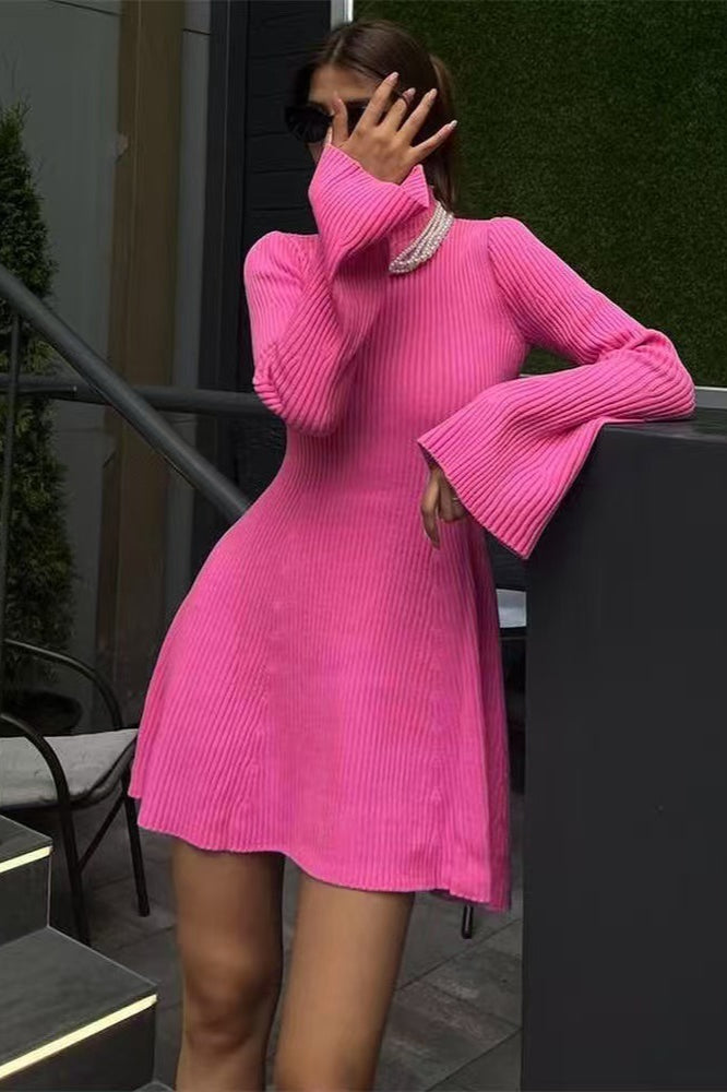 Long Sleeve A-Line Sweater Dress S / Pink