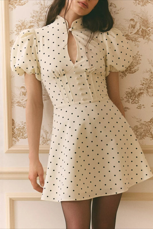 Elegant Stand Collar Dot Hollow Mini Dress
