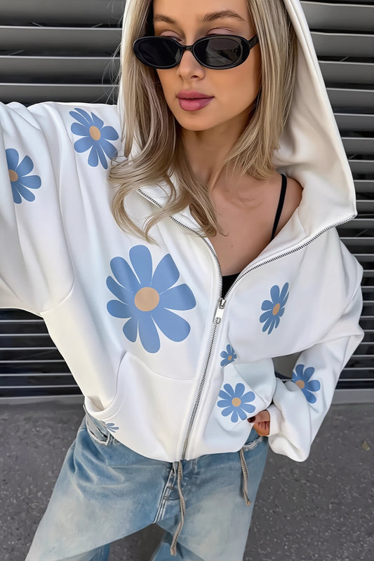 Daisy Print Oversized Zip Hoodie