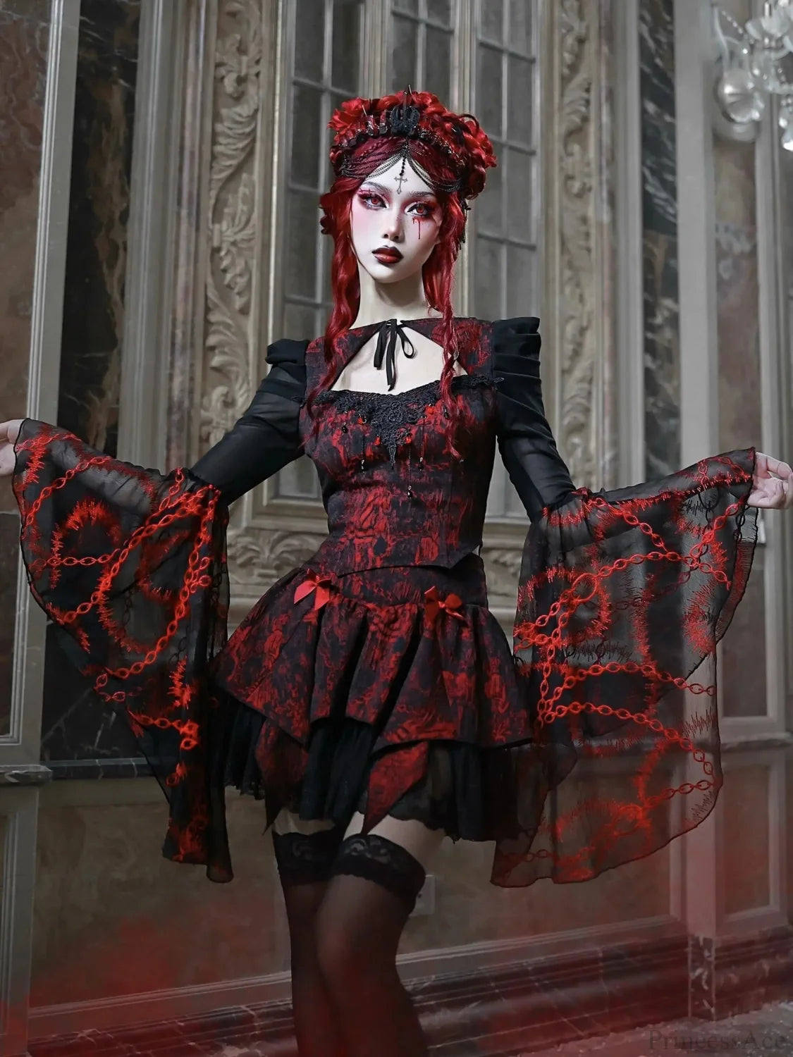 Dark Crimson Ebony Rose Lace Blouse red / S