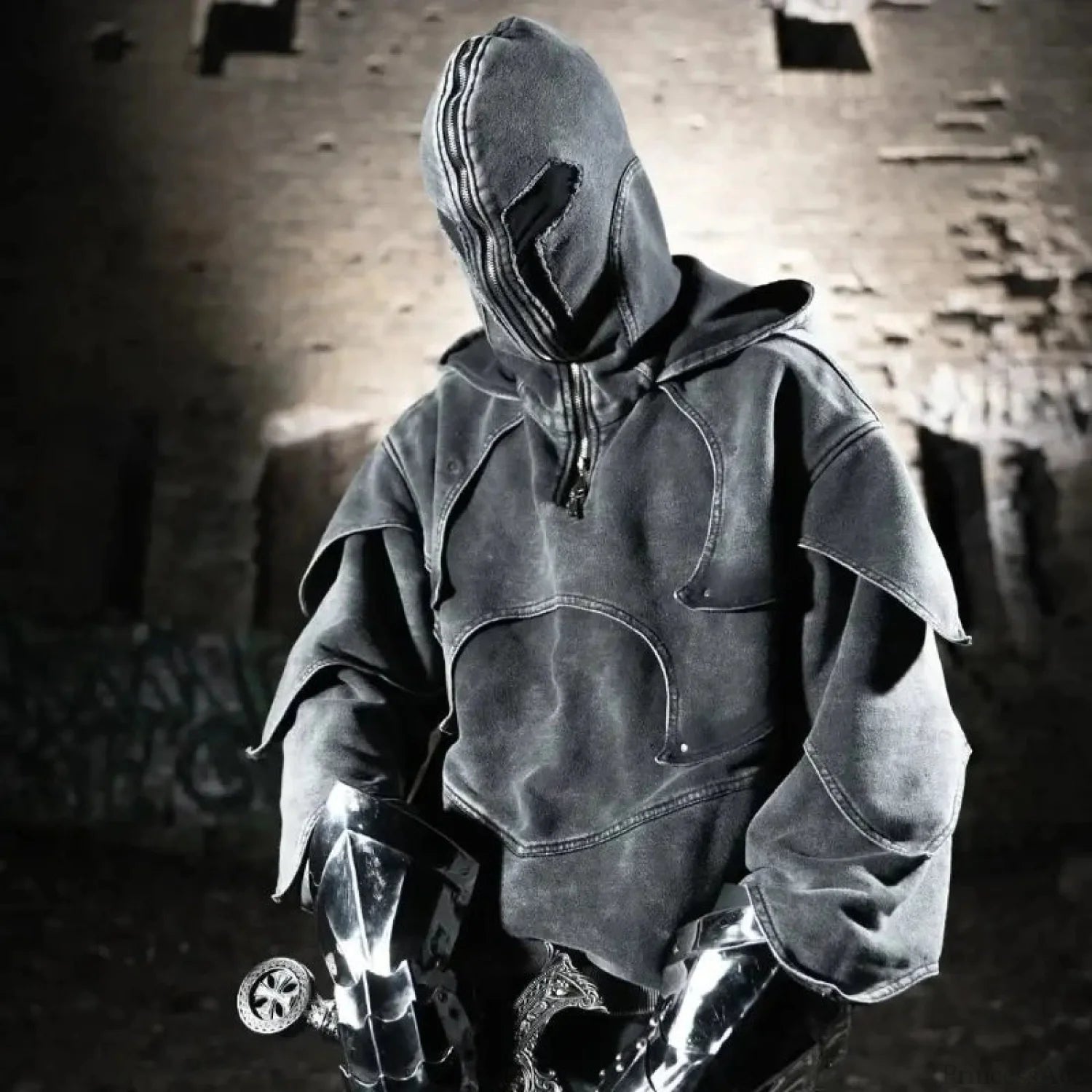 Dark Denim Patchwork Pullover Hoodie gray1 / M