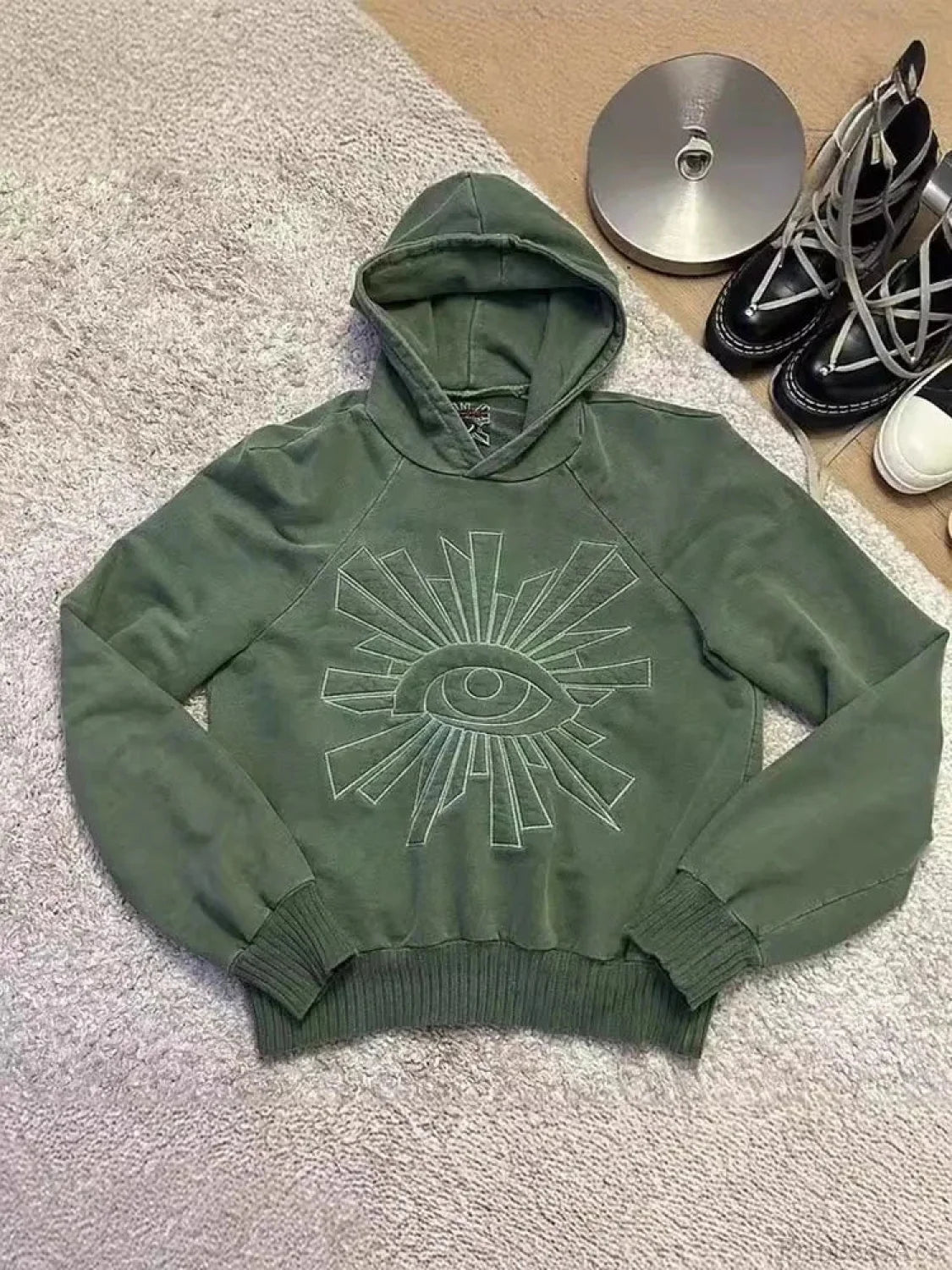 Dark Eye Print Pullover Hoodie green / S