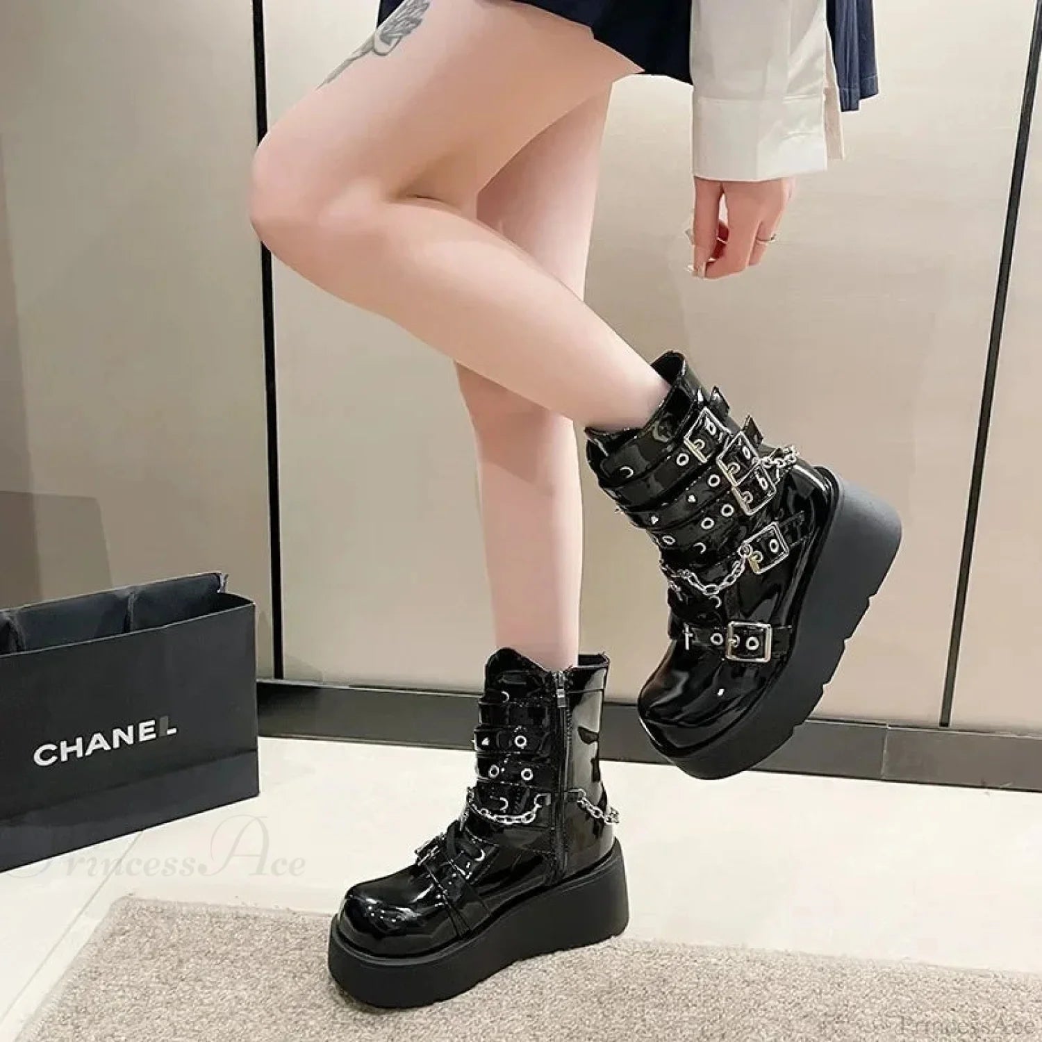 Dark Motorcycle Zip Tall Heel Platform Boot