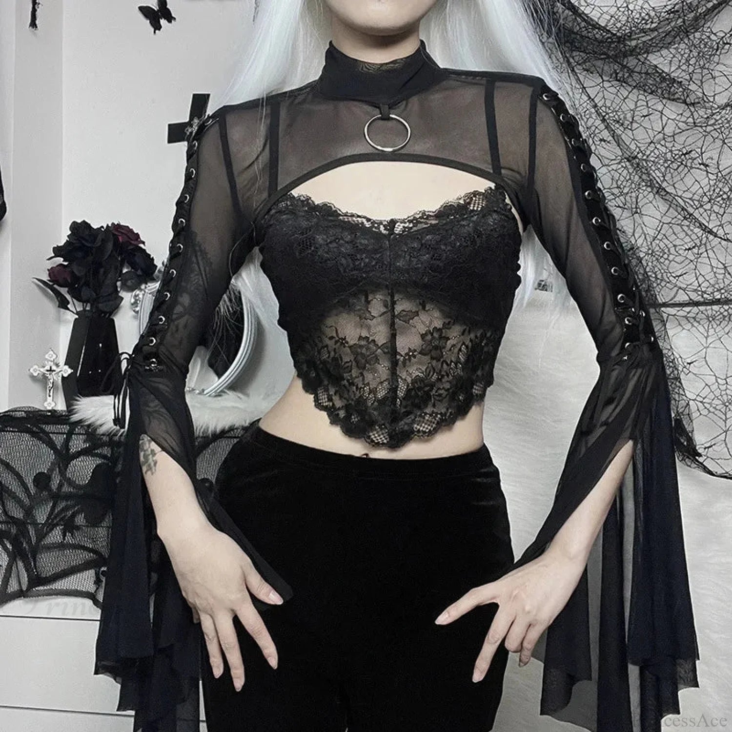 Dark Net Lace Up Flared Shirt Black / S
