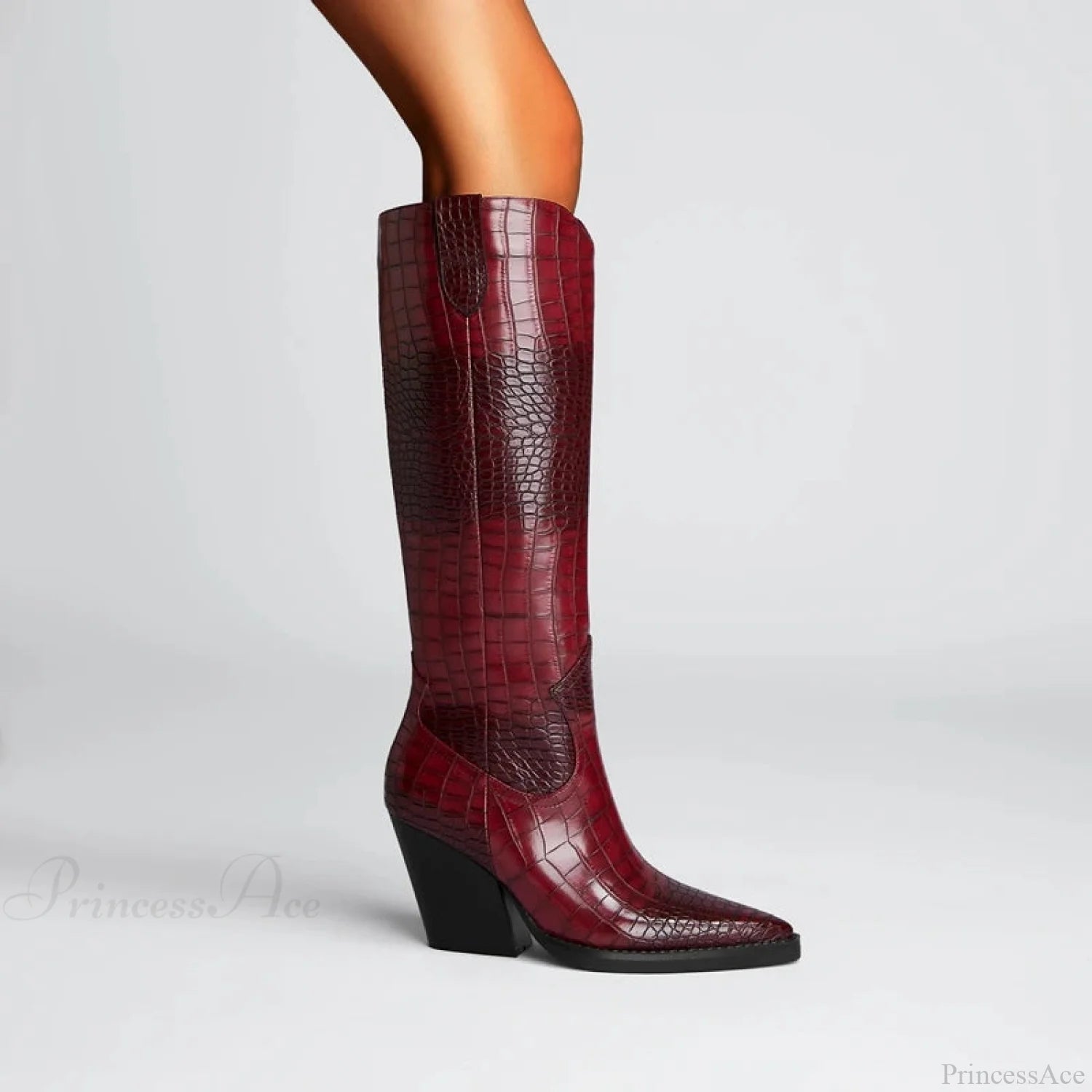 Dark Pointed Broad Heeled Oversized Western Boot wine red / 225