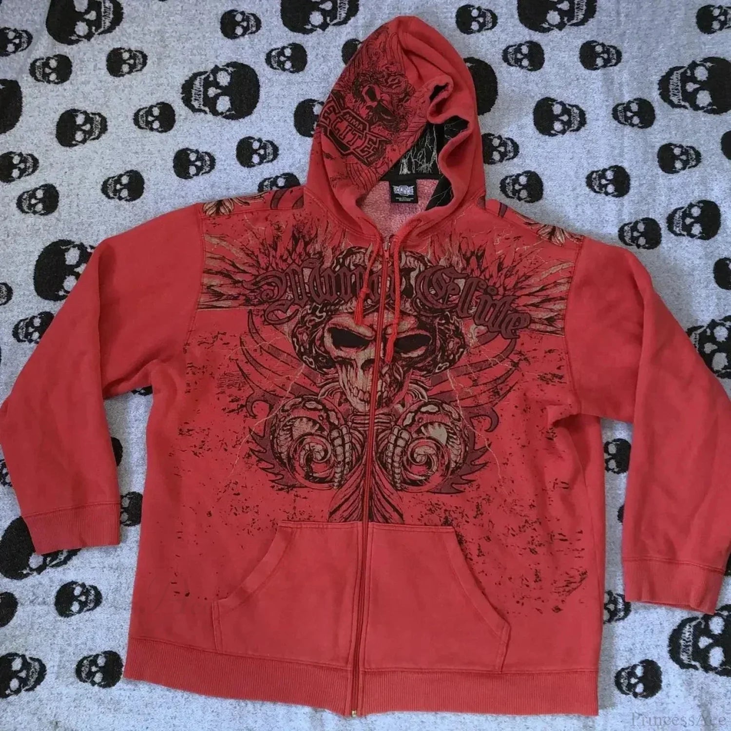 Dark Skull Print Zip Up Hoodie red1 / M